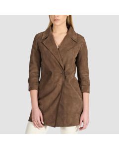 Olive Suede Leather Top Coat Bonded Fabric Lining