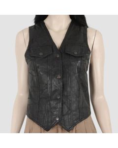 Vintage 90s Women Black Real Leather Vest