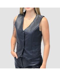 Women's Black Leather Vest With Concealed Pockets