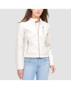 Women’s Racer Faux White Leather Jacket