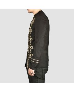 Men Handmade Gold Embroidery Black Military Napoleon Hook Jacket Cotton