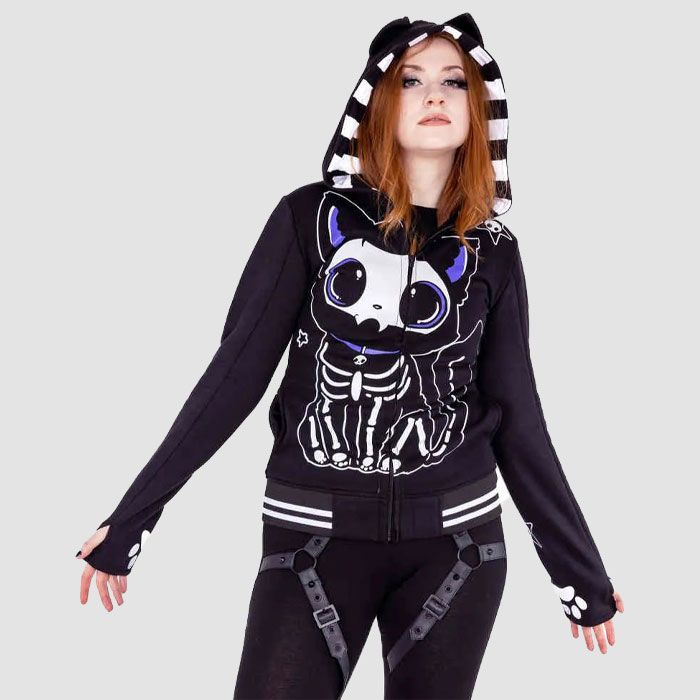 Cupcake Cult Skeleton Cat Zip Hoodie Black