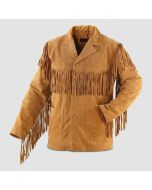 Men Brown Suede Western Cowboy Leather Jacket With Fringe - Front