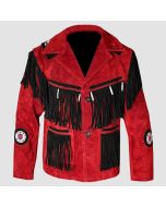 Suede Western Cowboy Leather Jacket With Fringe  Red & Black - Jacket Tailor