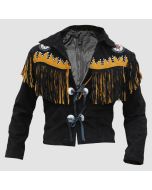 Black Western Suede Leather Cowboy Style Yellow Fringe  Jacket - Jacket Tailor
