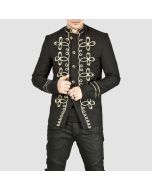 Men Handmade Gold Embroidery Black Military Napoleon Hook Jacket Cotton