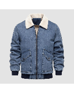 Denim Bomber Jacket Mens With Faux Shearling Collar and Functional Pockets-Jacket Tailor