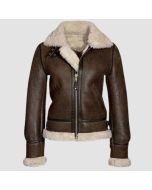 Chocolate Brown Fur Leather Aviator Jacket Women