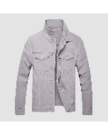 Grey Denim Jacket For Men With Button Front And Stand Up Collar-Jacket Tailor