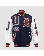 Navy Blue and White Varsity Letterman Jacket with Embroidered Patches - Baseball Bomber Style
Men's Embroidered Baseball Bomber Jacket - Navy Blue & White
