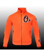 Front view of the MLB Baltimore Orioles Track Jacket in orange, showcasing a full-zip design, side pockets, and the iconic Orioles 'O's' logo on the left chest, from Jacket Tailor."