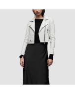 Women’s White Cropped Leather Biker Jacket