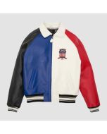 Icon Leather Jacket, Jacket In Blue And White Color With Red & Black Sleeves, Military Bomber Jacket USA Edition