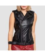 Womens Shiny Black Leather Biker Vest
