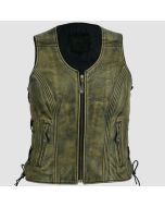 Womens Zippered Distressed Brown Classic Motorcycle Leather Vest With Side Laces