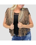 Genuine Bone Studded Brown Fringe Leather Vest