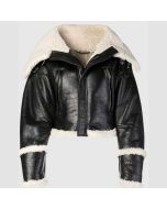 Women's Black Leather Cropped Wide Shearling Collar Jacket