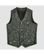 Men's Distressed Green Leather Hunter Vest by SCIN
