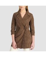Olive Suede Leather Top Coat Bonded Fabric Lining